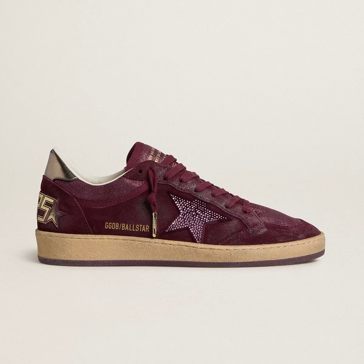 Golden Goose Women's Ball Star in burgundy suede with crystal star and metallic leather heel tab