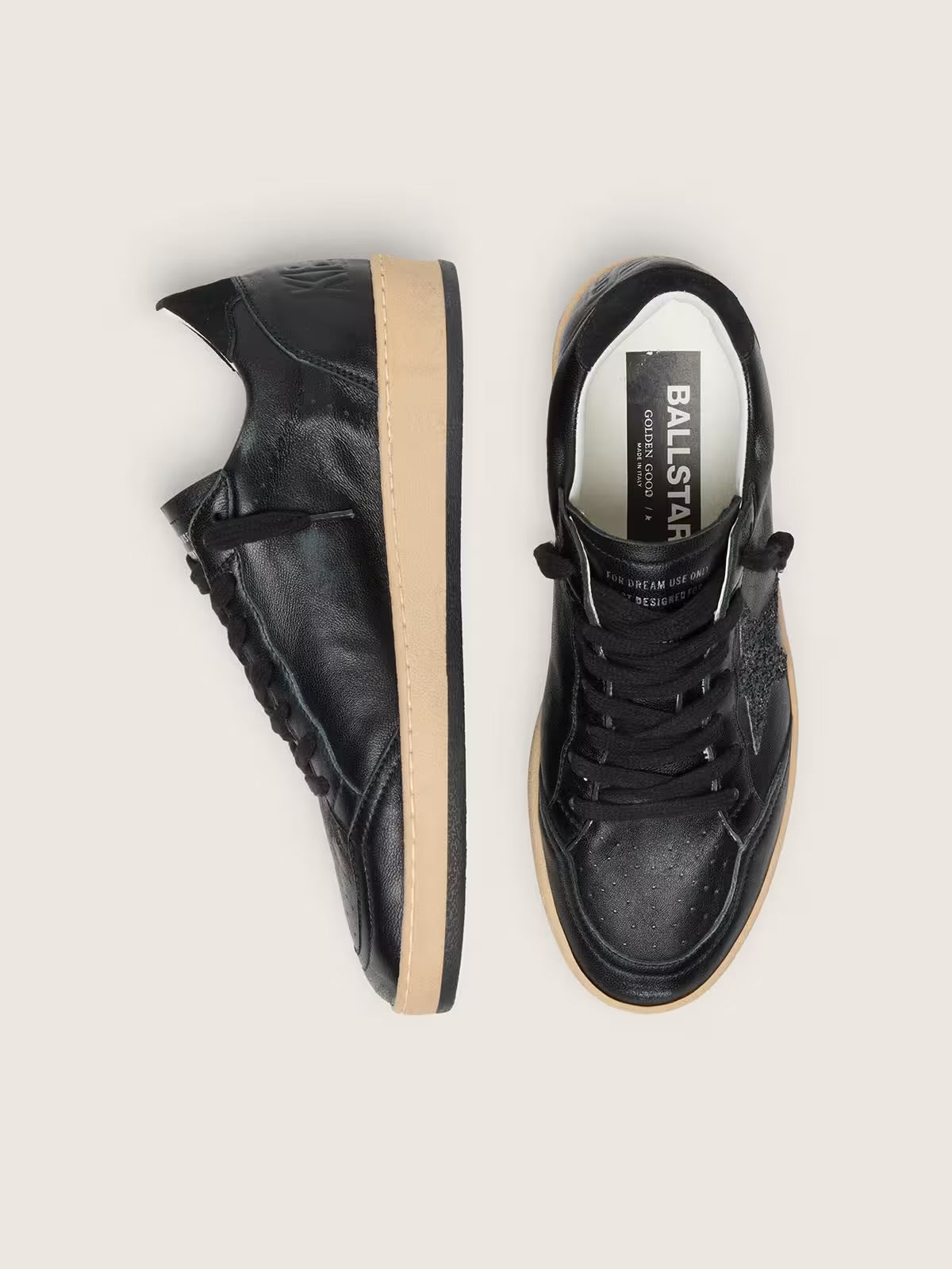 Golden Goose Women’s Ball Star in black nappa with black glitter star and suede heel tab