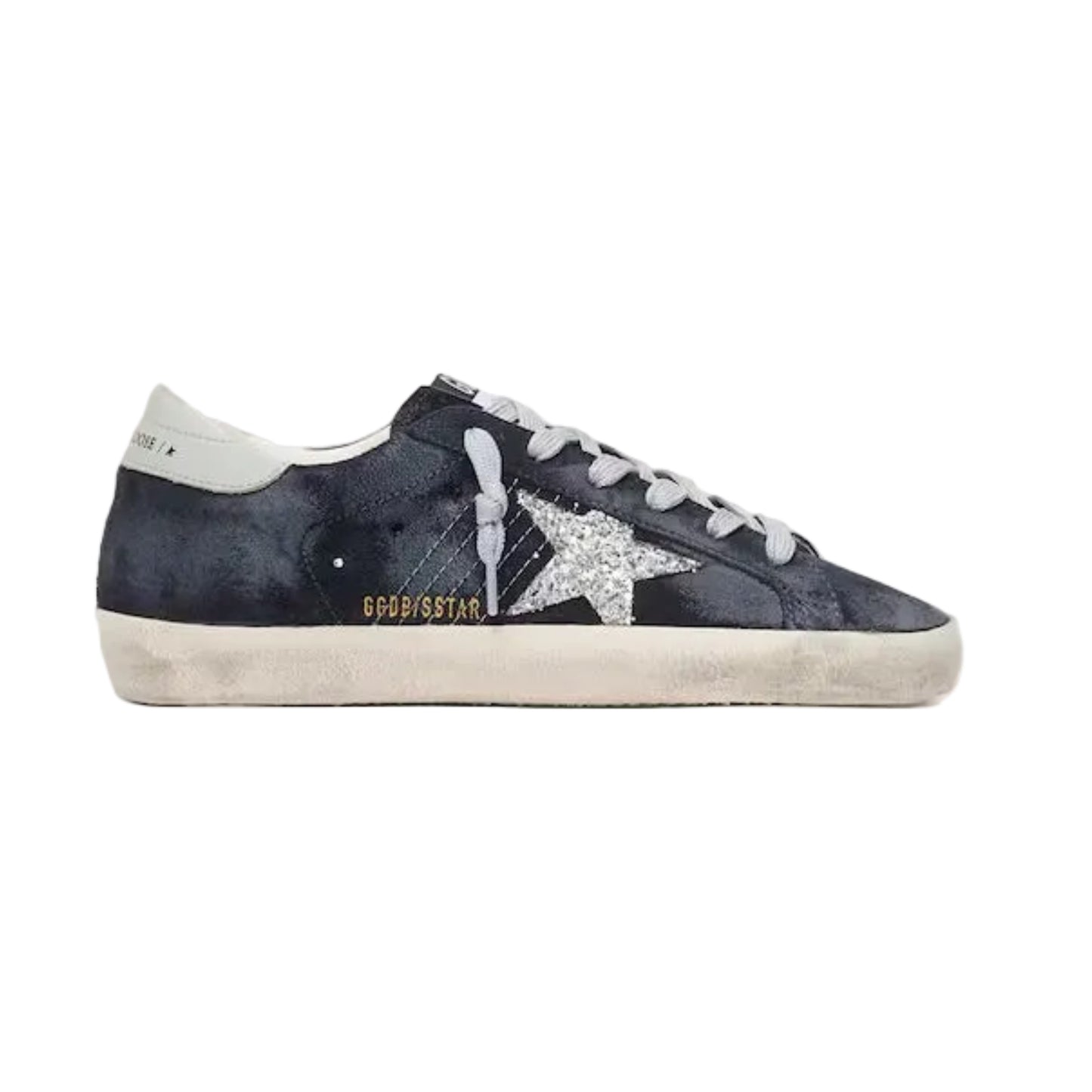 Golden Goose Women’s Super-Star in blue suede with silver glitter star and leather heel tab