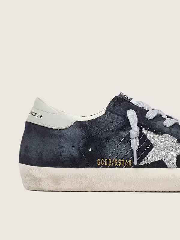 Golden Goose Women’s Super-Star in blue suede with silver glitter star and leather heel tab