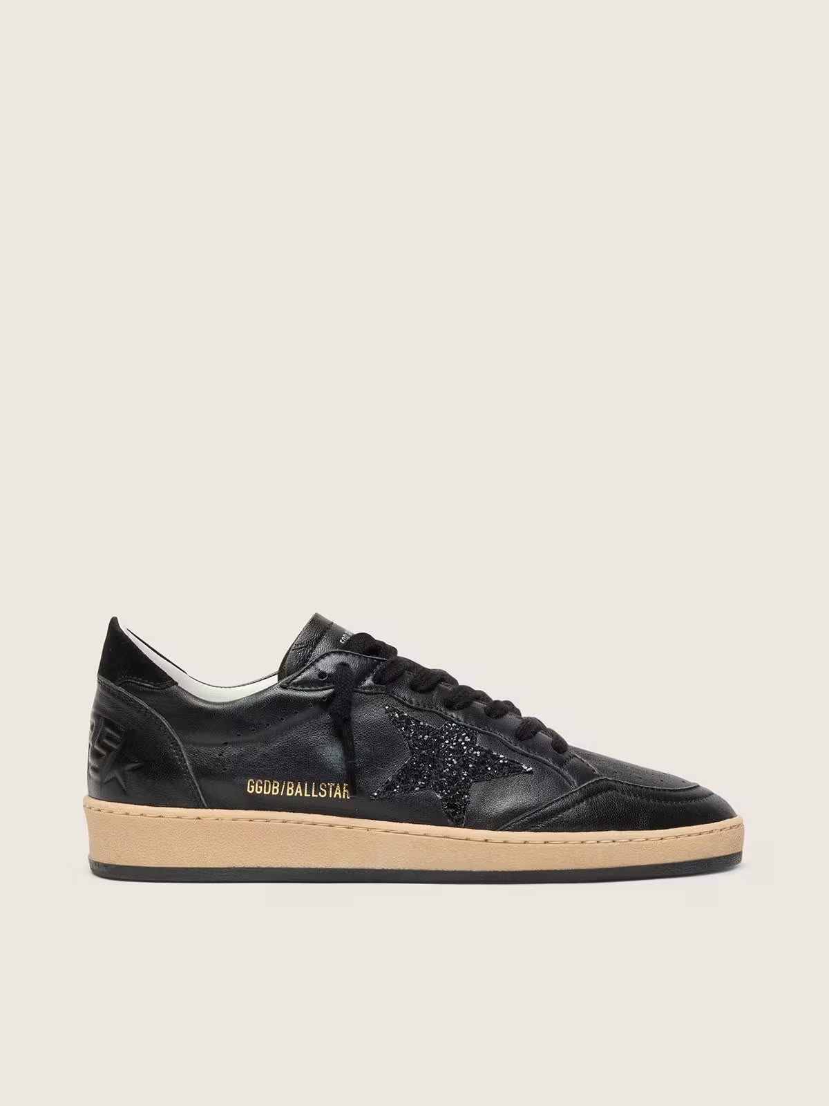 Golden Goose Women’s Ball Star in black nappa with black glitter star and suede heel tab