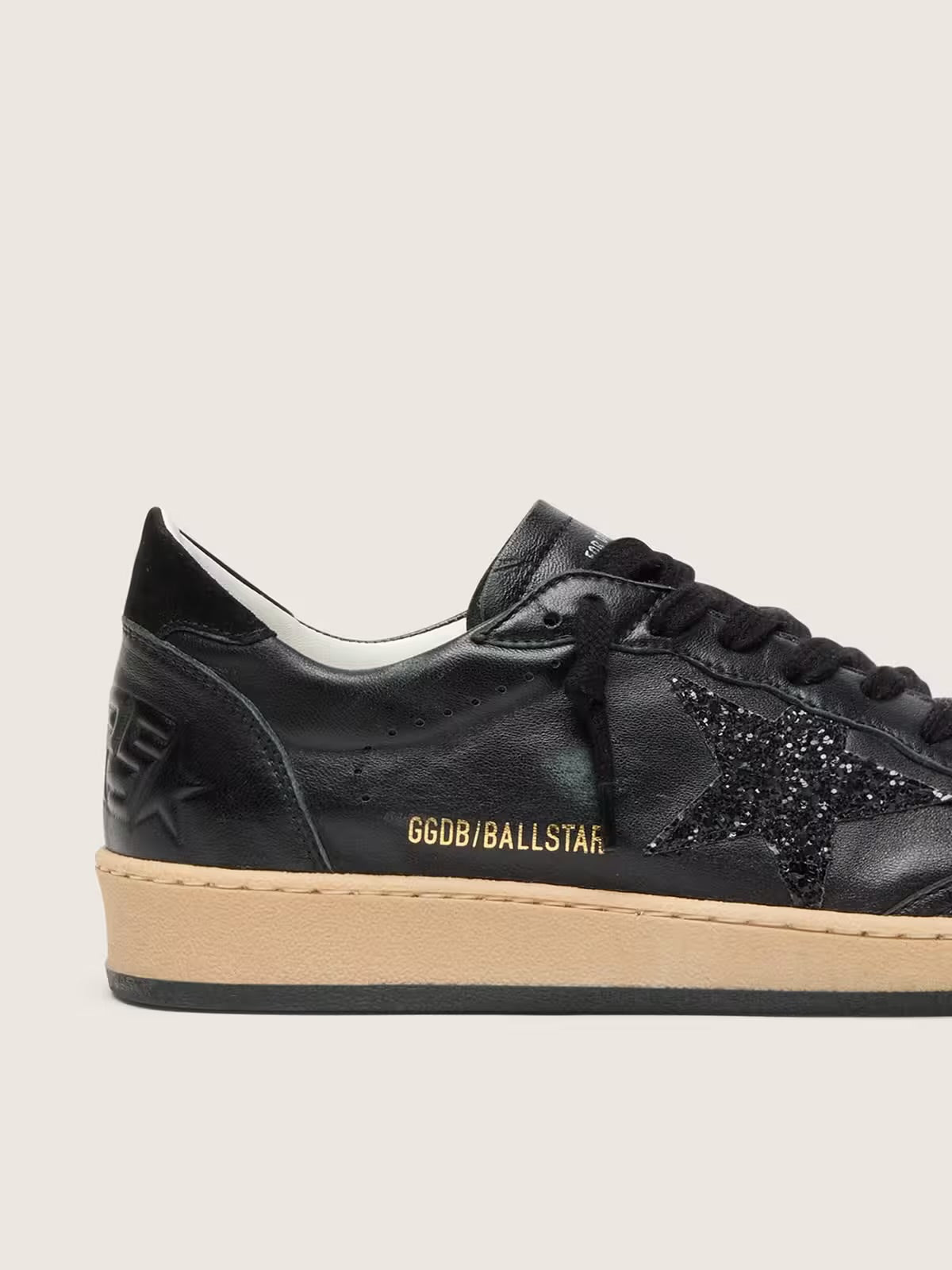 Golden Goose Women’s Ball Star in black nappa with black glitter star and suede heel tab