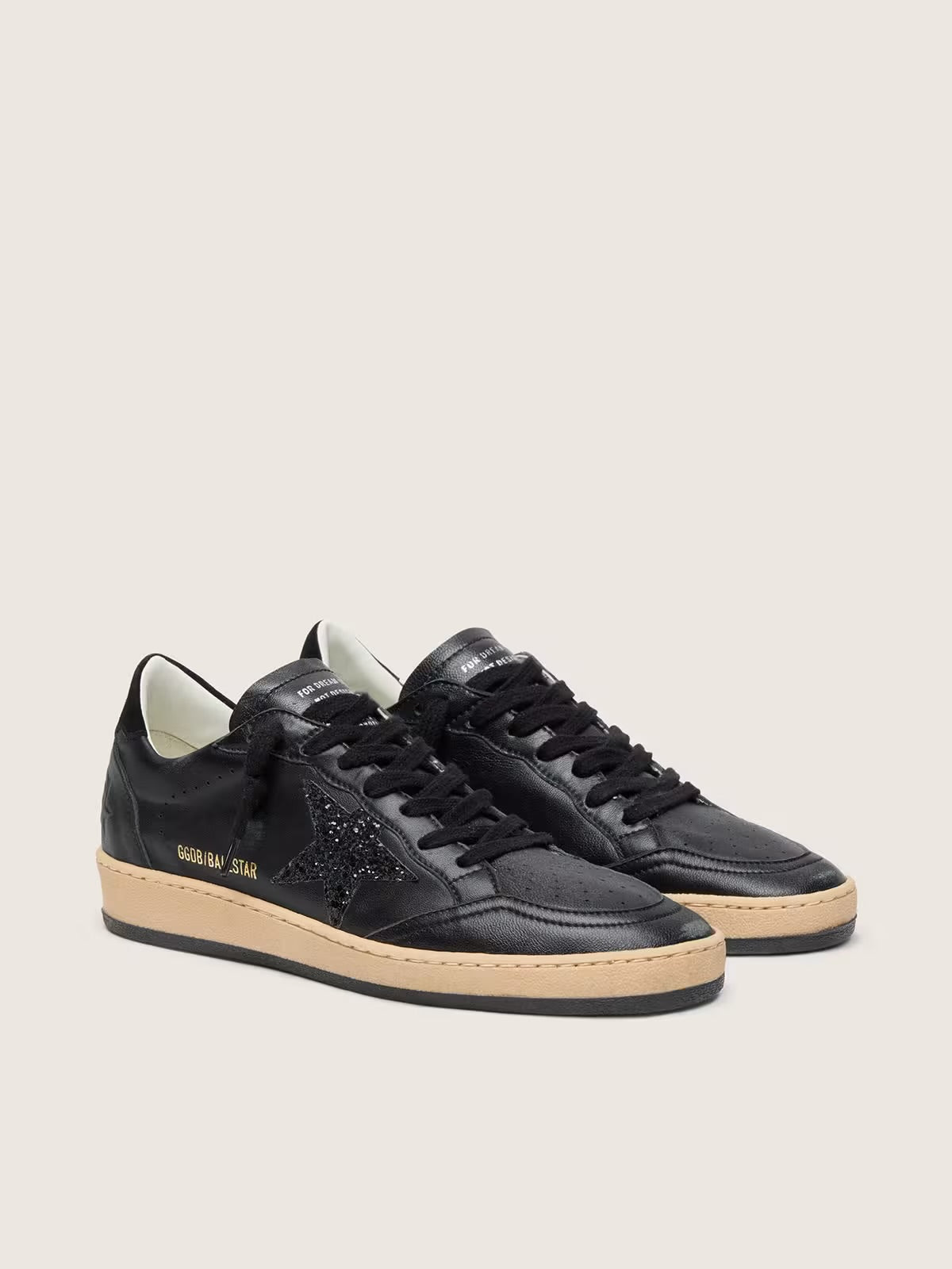 Golden Goose Women’s Ball Star in black nappa with black glitter star and suede heel tab
