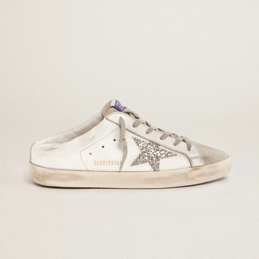 Super-Star Sabot with a platinum glitter star and suede tongue