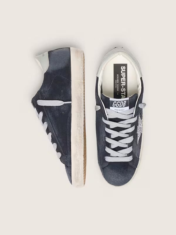 Golden Goose Women’s Super-Star in blue suede with silver glitter star and leather heel tab
