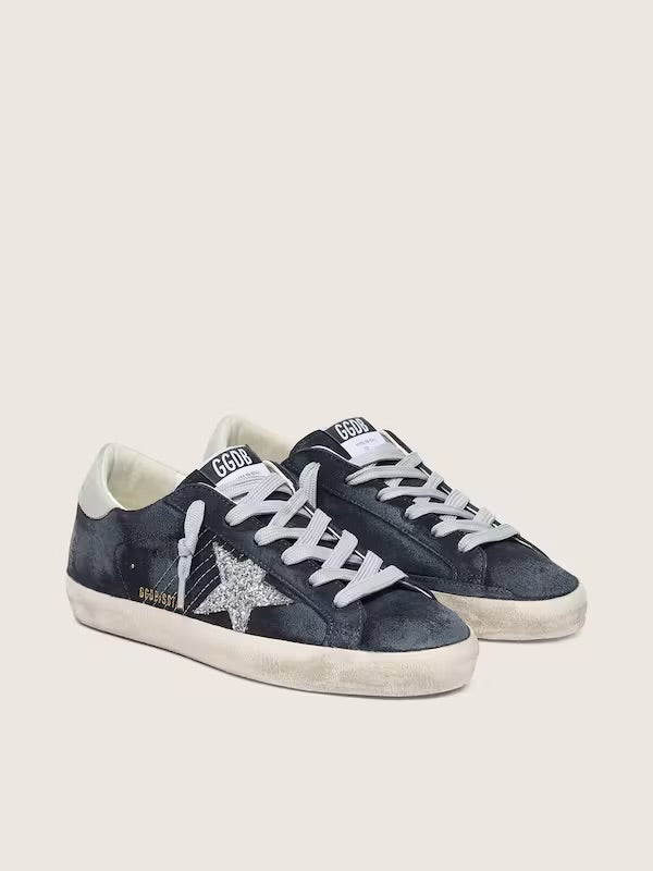 Golden Goose Women’s Super-Star in blue suede with silver glitter star and leather heel tab