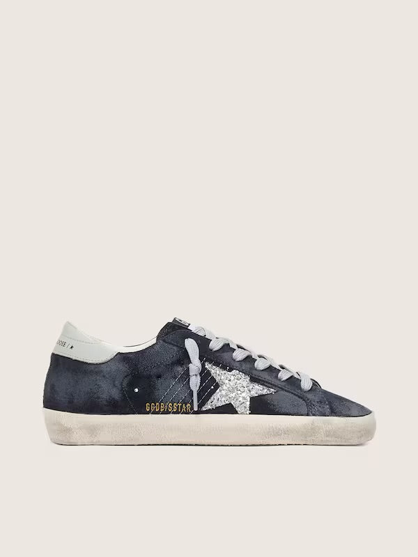 Golden Goose Women’s Super-Star in blue suede with silver glitter star and leather heel tab