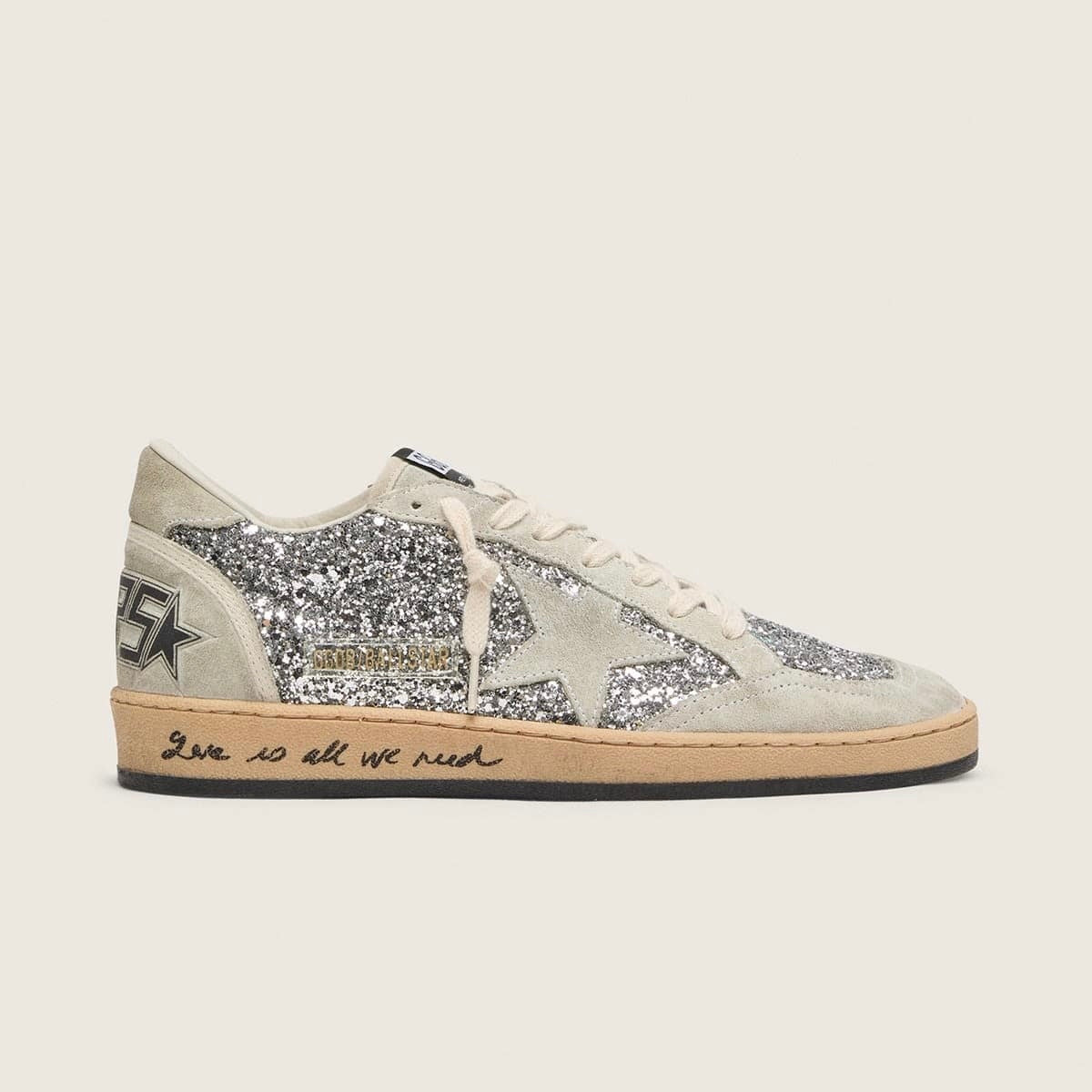 Golden Goose Ball Star in silver glitter with ice-gray suede inserts(women)