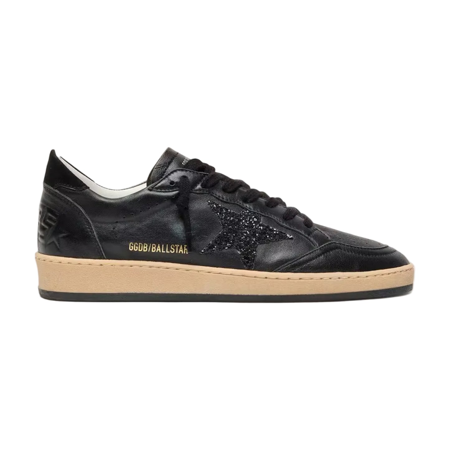 Golden Goose Women’s Ball Star in black nappa with black glitter star and suede heel tab