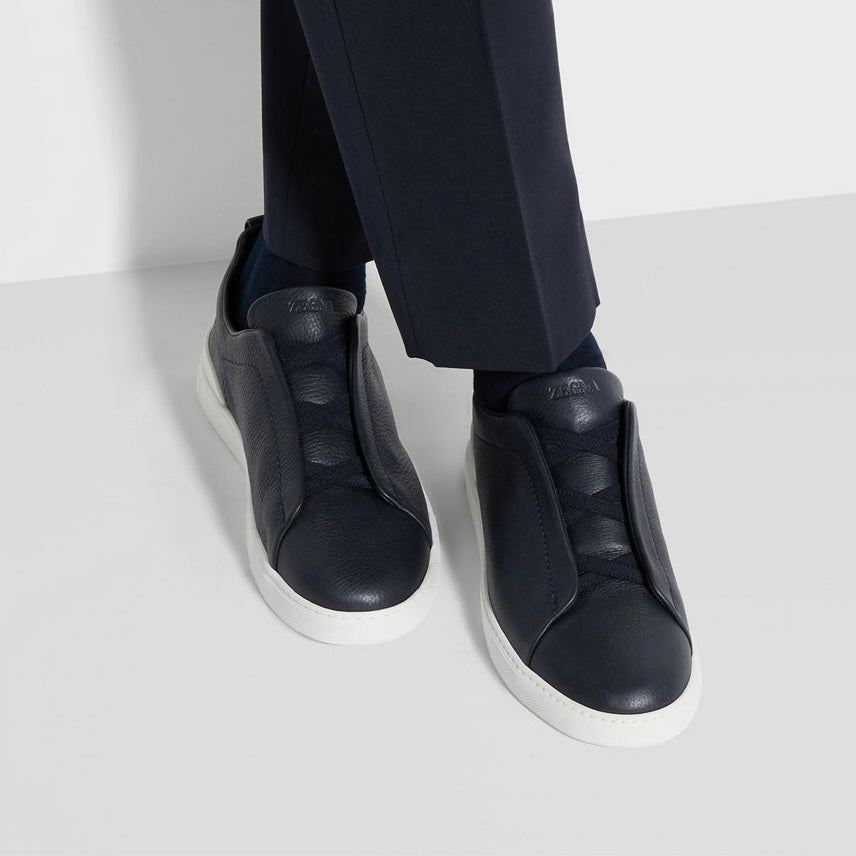 ZEGNA NAVY BLUE DEERSKIN TRIPLE STITCH™ SNEAKERS
