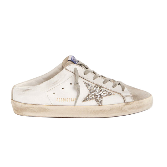 Super-Star Sabot with a platinum glitter star and suede tongue