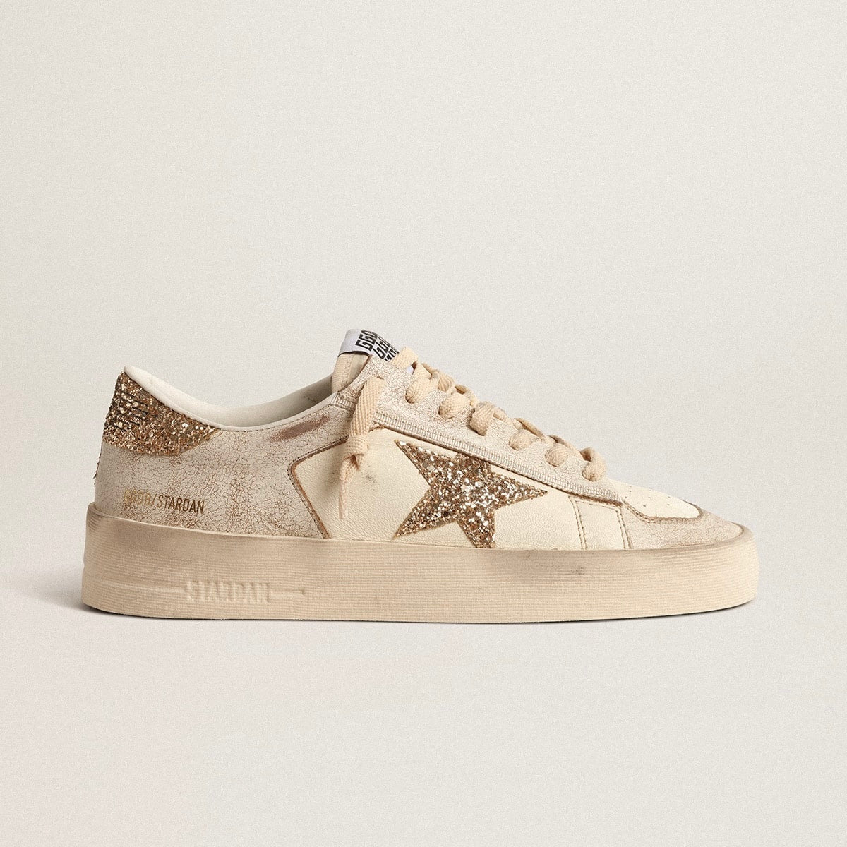 Golden Goose Stardan in ecru nappa leather with gold glitter star and heel tab(Women's)